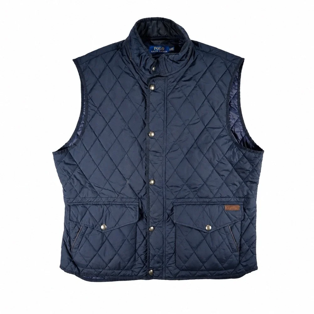 Polo Ralph Lauren Men's Iconic Quilted Vest Navy Blue Leather Trim XXL